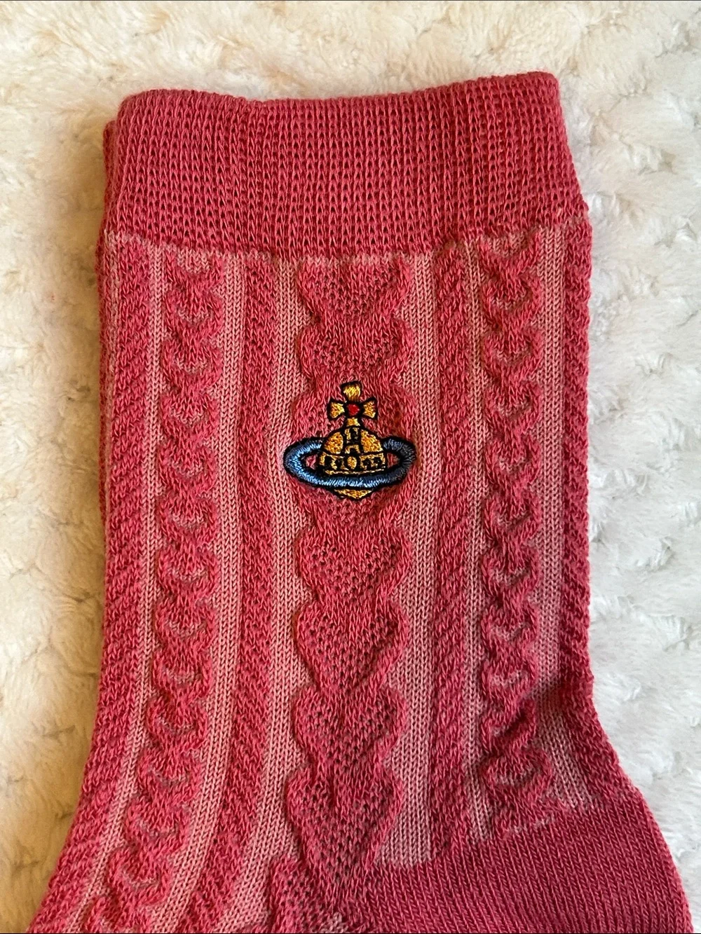 NWOT Vivienne Westwood Unisex Cable Knit Crew SockS With Orb Logo - Rose Pink